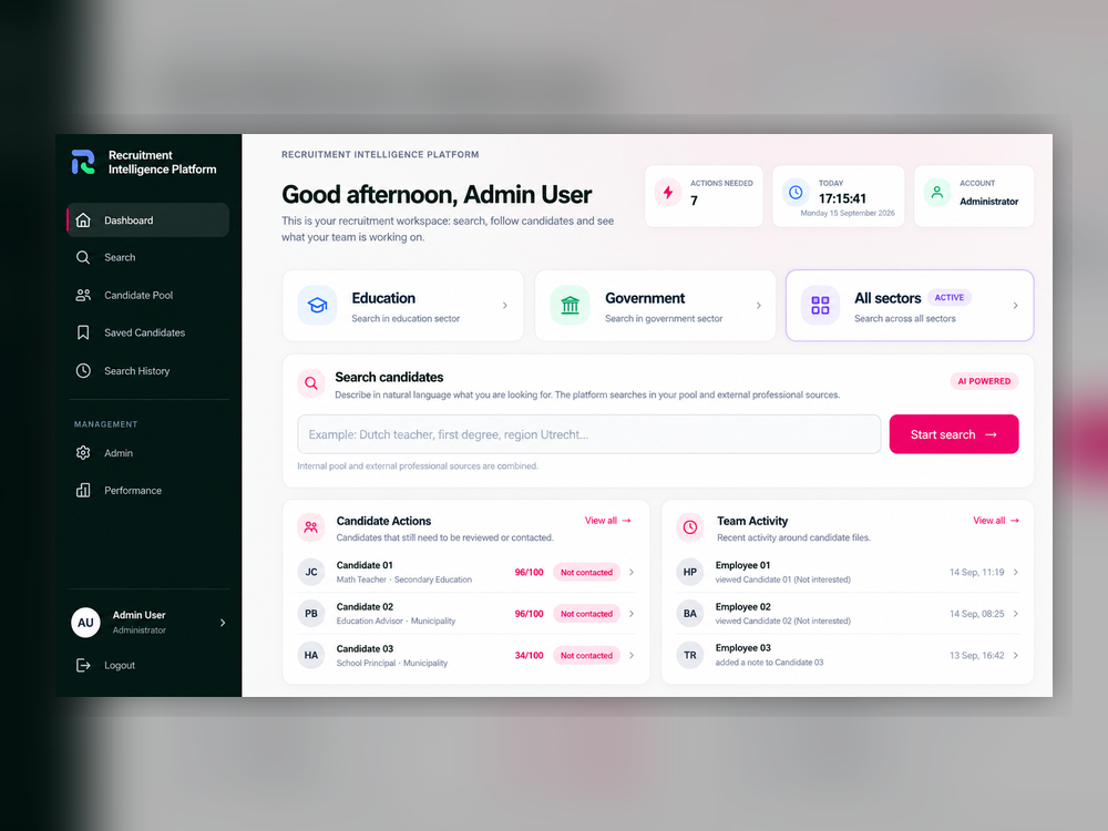 Recruitment intelligence platform dashboard
